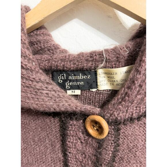 Vintage Gil Aimbez Genre Sweater Medium Hoodie Knit Cardigan Brown Wood Wool - Picture 5 of 6